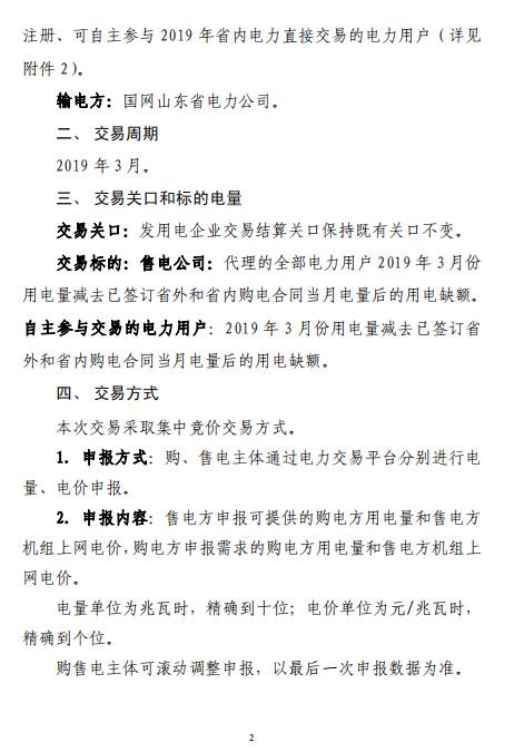 山東2019年3月電力直接交易（集中競價）2月21日展開