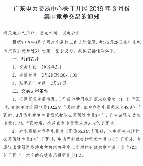 廣東2019年3月集中競爭交易：電量需求31.8億千瓦時