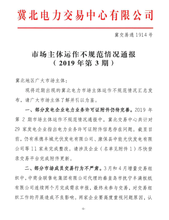 冀北2019年3月市場主體運行不規(guī)范情況通報：部分市場成員交易行為不嚴(yán)肅