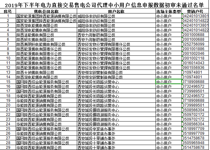 陜西2019年下半年電力直接交易售電公司代理中小用戶信息申報 65家未通過初審